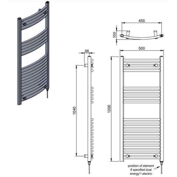 Vogue 1200 x 500 / Central Heating Vogue Combes Curved Ladder Towel Rail in Chrome
