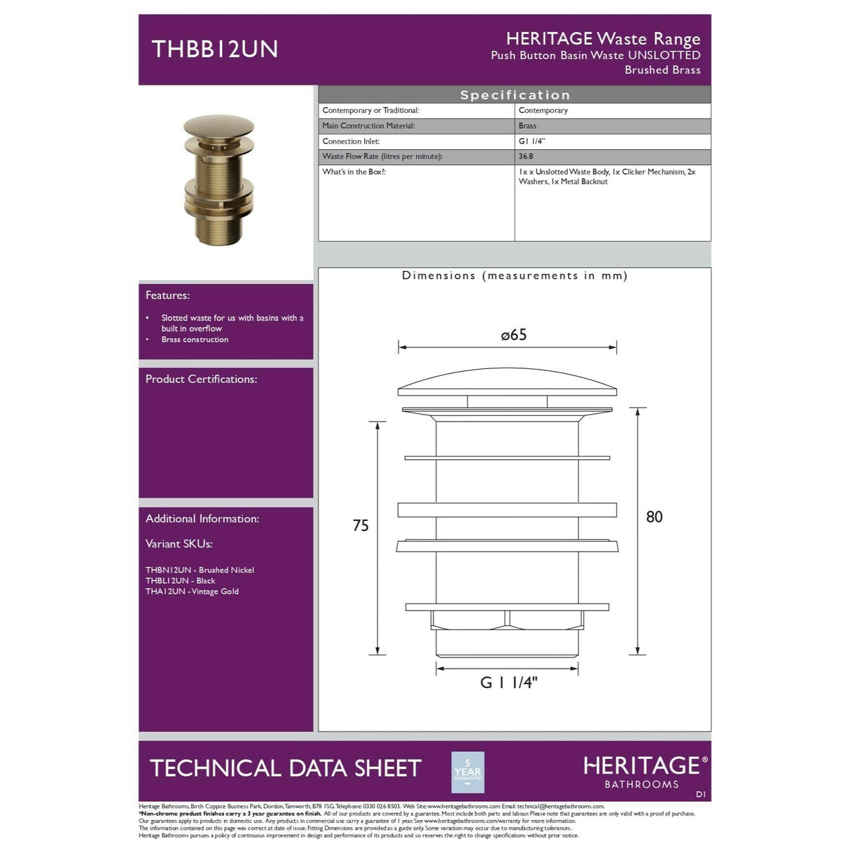 Heritage Basin Waste Heritage Unslotted Clicker Basin Waste