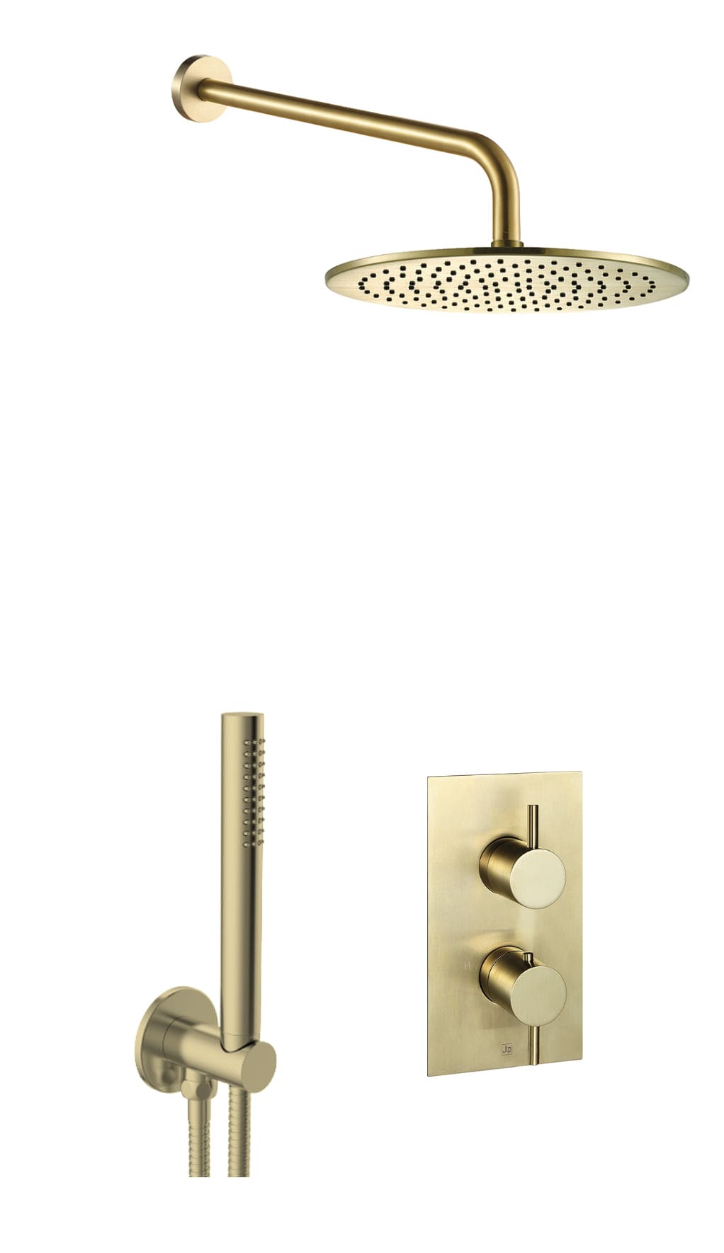 JTP Shower Set Brushed Brass JTP VOS Thermostatic Concealed Dual Outlet, 2 Handle Shower Kit with Showerhead and Headset