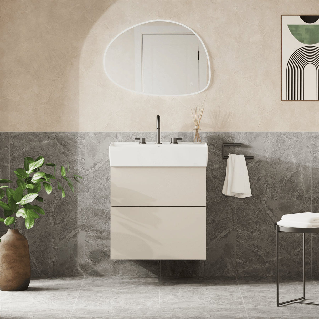 Crosswater Wall Mounted Vanity Unit Warm Stone / 3 Hole Crosswater Avenue Vanity Unit with Basin - 600mm - Two Drawer - Wall Mounted