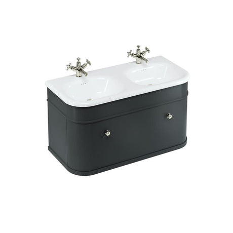 Burlington Double Sink Vanity Unit Matt Black / Natural Stone Roll Top Basin - 1 Tap Hole / Brushed Nickel Burlington Chalfont 1000mm Wall Mounted Single Drawer Vanity Unit with Double Basin
