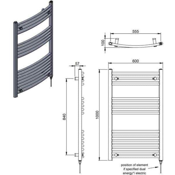 Vogue 1000 x 600 / Dual Fuel Vogue Combes Curved Ladder Towel Rail in Chrome