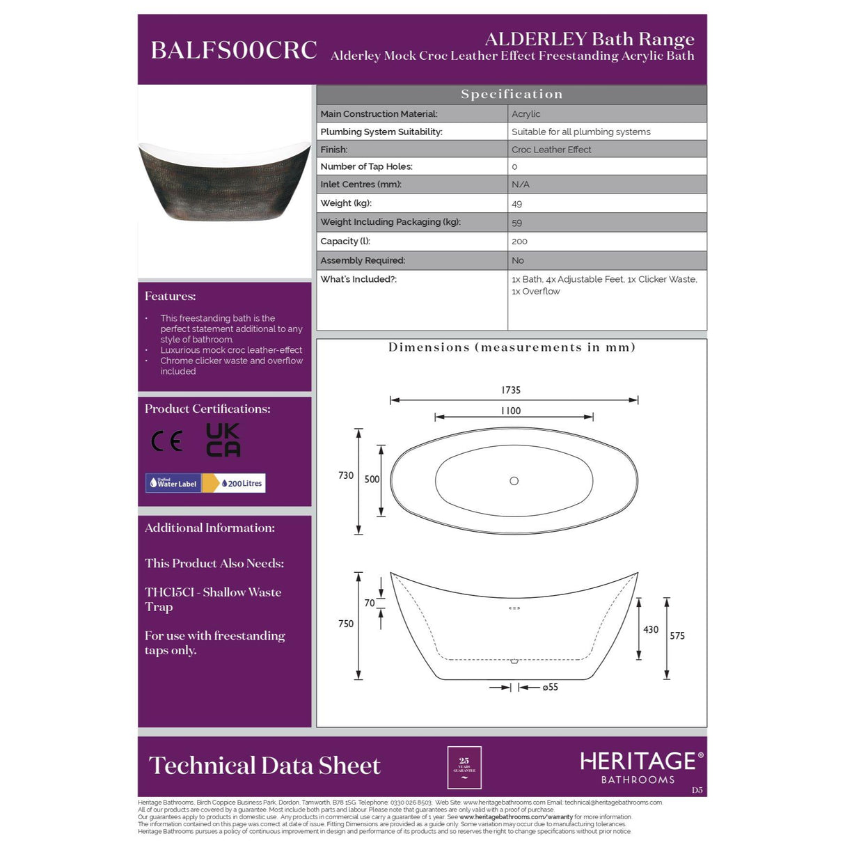 Heritage Alderley Mock Croc Skin Effect Freestanding Acrylic Double Ended Bath