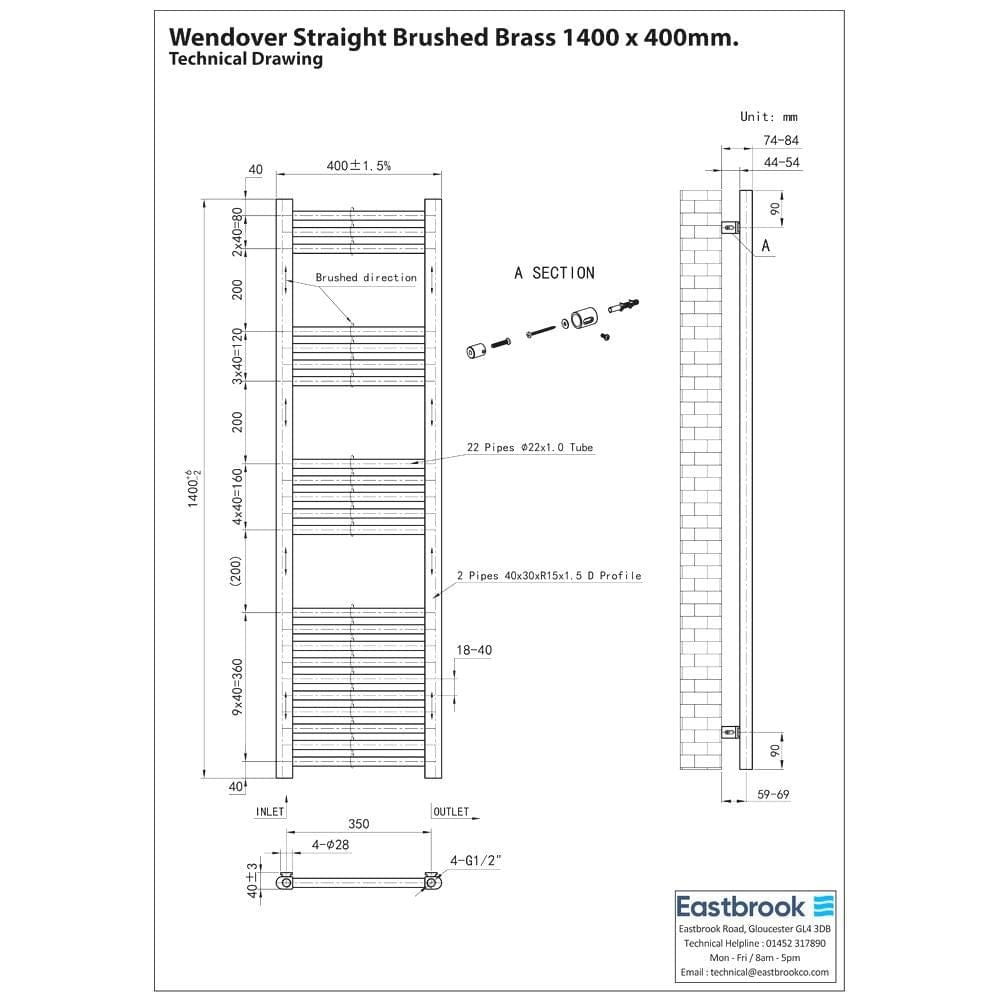 Eastbrook Ladder Rail Eastbrook Wendover Straight Heated Towel Rail in Brushed Brass
