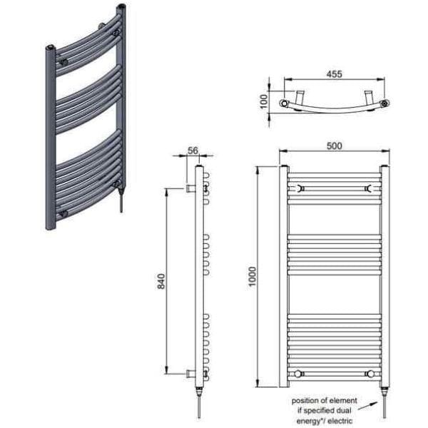 Vogue 1000 x 500 / Central Heating Vogue Combes Curved Ladder Towel Rail in Chrome