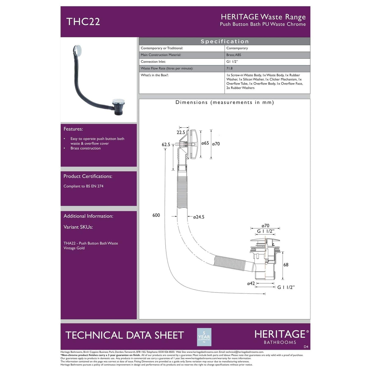 Heritage Bath Waste Heritage Push Button Bath Waste