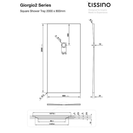 Tissino Rectangle Shower Tray 2000 x 800mm Tissino Giorgio2 Rectangle Shower Tray in White Slate