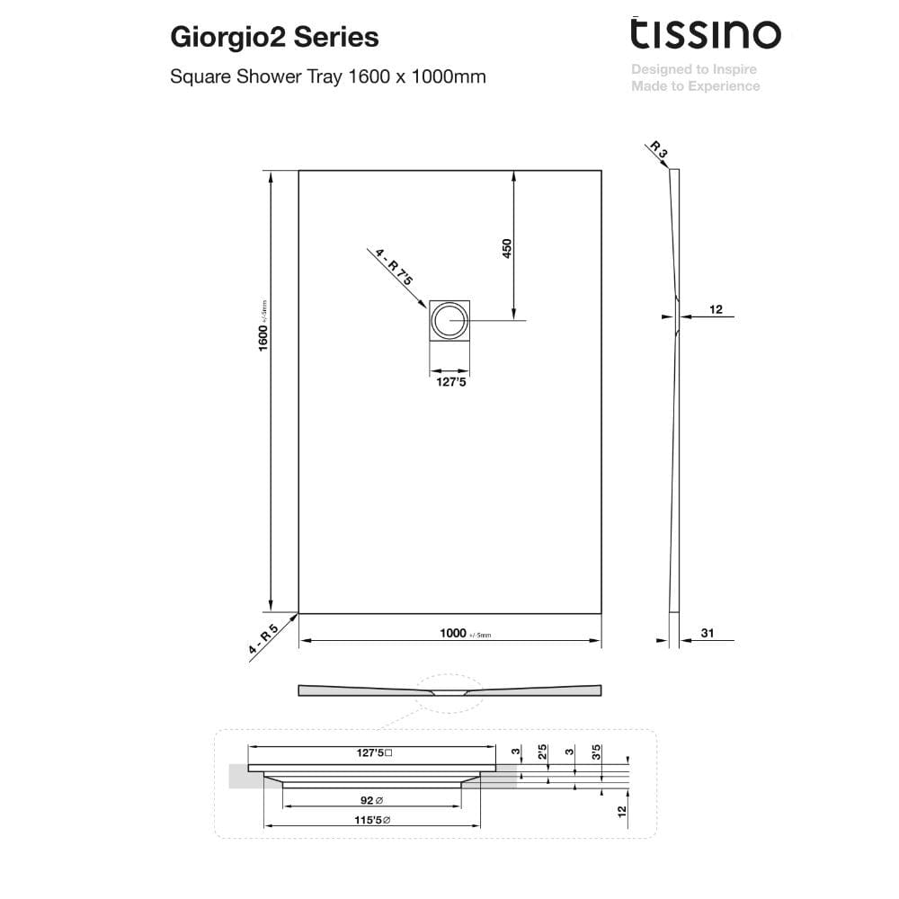 Tissino Rectangle Shower Tray 1600 x 1000mm Tissino Giorgio2 Rectangle Shower Tray in White Slate
