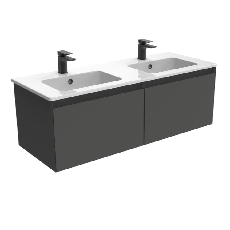 Saneux Wall Mounted Vanity Unit Matte Anthracite / 0 Hole Saneux Uni Vanity Unit With Double Basin - 1200 x 470mm - Two Drawer - Wall Mounted