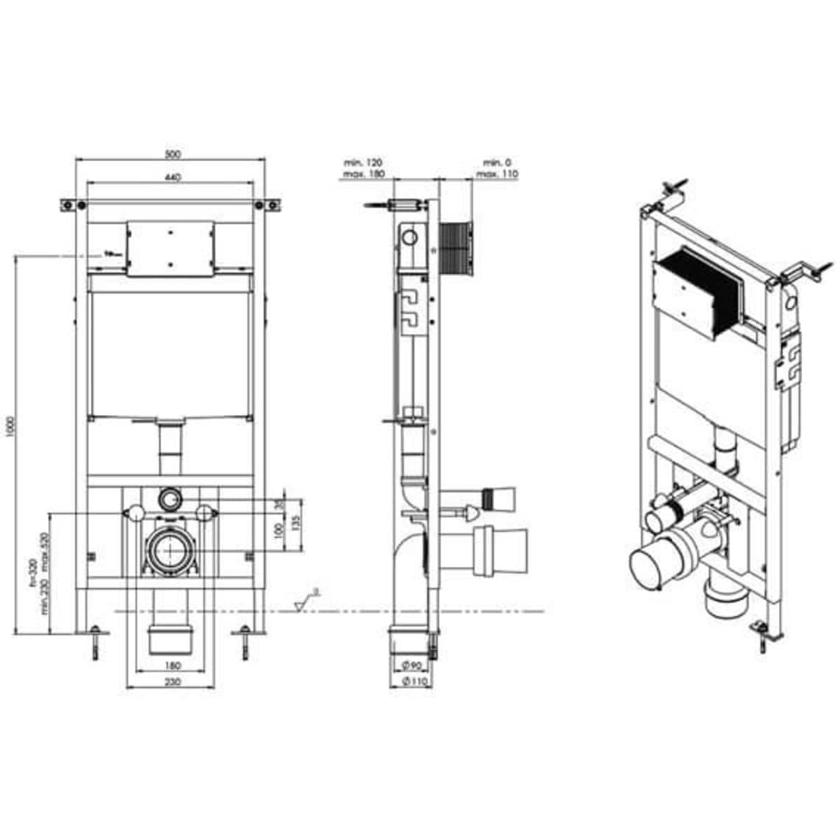 Saneux Wall Hung WC Frame Saneux Flushe 2.0 1140mm Universal Framed Cistern with Front Flush
