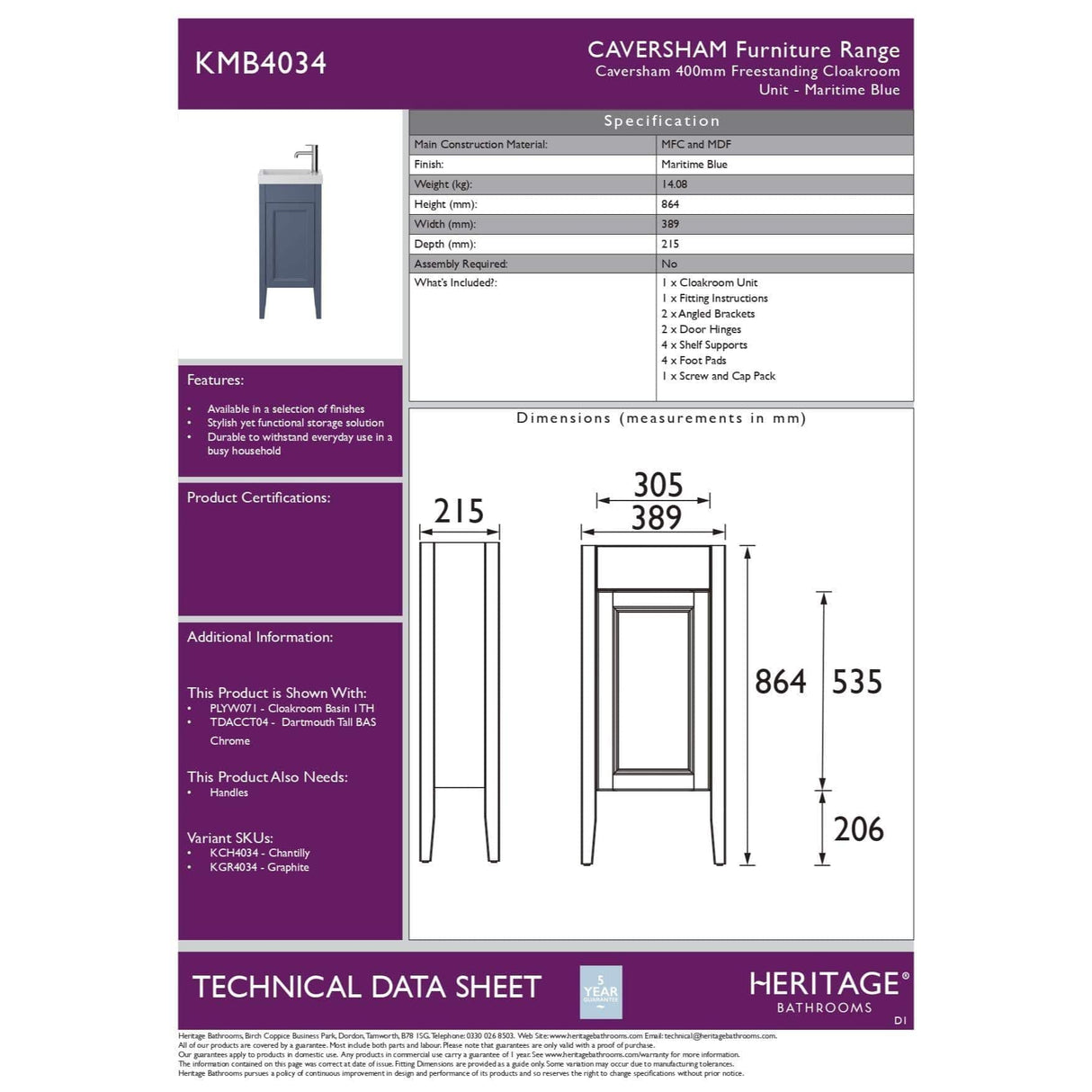 Heritage Cloakroom Vanity Unit Heritage Caversham 400mm Floor Standing Cloakroom Unit with 1 Tap Hole Basin