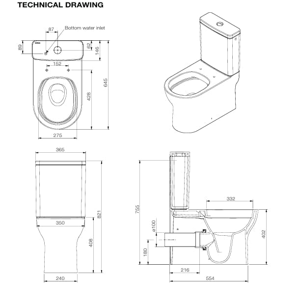 Tissino Close Coupled Toilet Tissino Nerola Rimless Closed Coupled Toilet with Soft Close Wrapover Seat