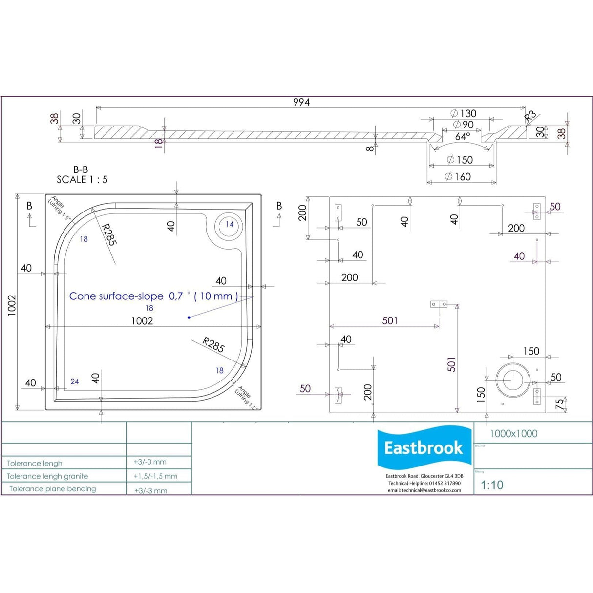 Eastbrook Square Shower Tray 1000 x 1000mm Eastbrook Vanguard Stone 25mm Square Shower Tray