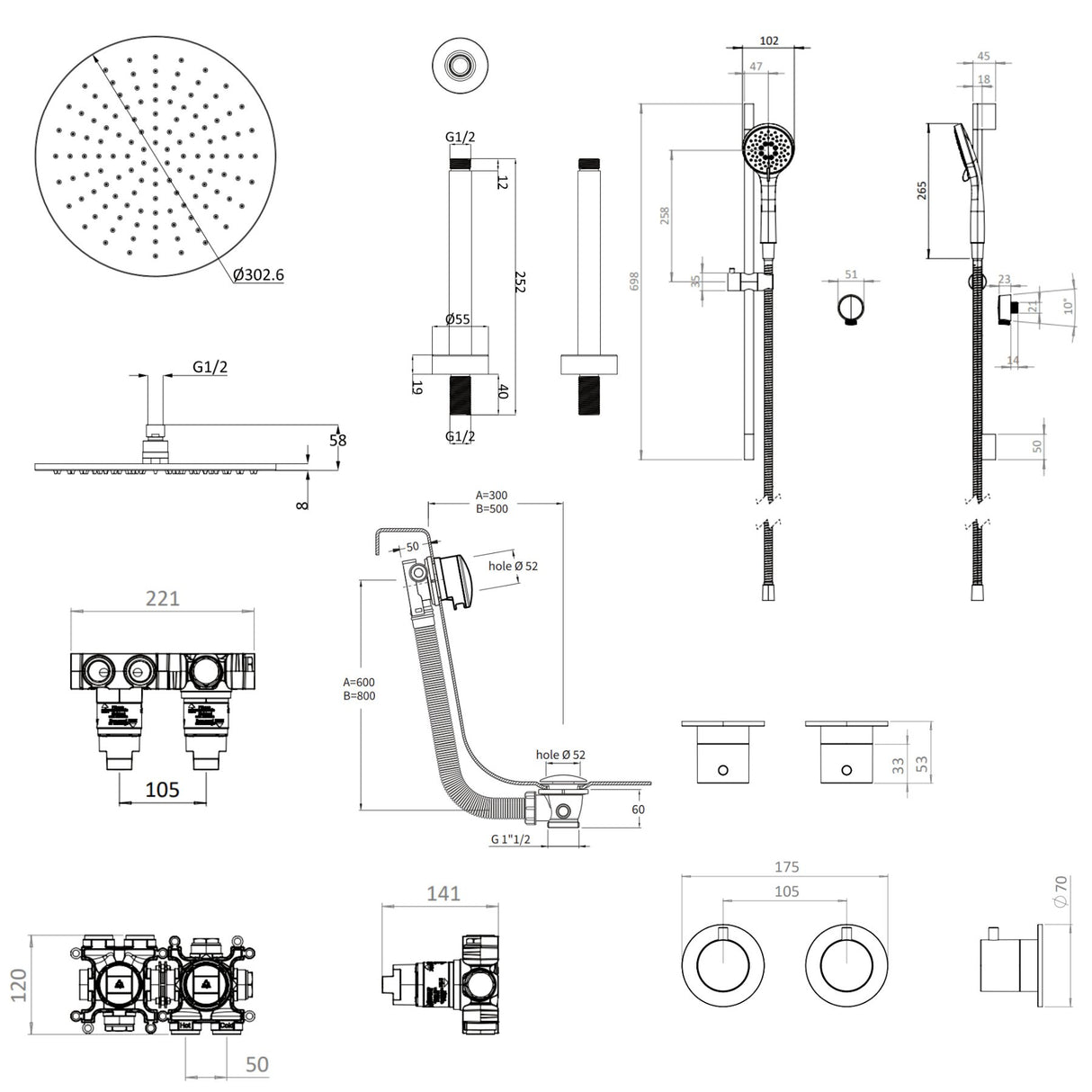 UK Bathroom Store Concealed Shower Set Crosswater Module Shower Set 7 - 3 Outlet with Riser Rail Kit, Overhead Shower and Overflow Bath Filler