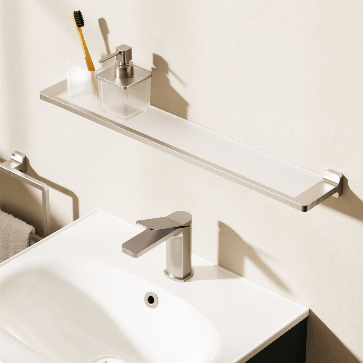 Crosswater Shelf Brushed Nickel Crosswater Rotar Shelf, Soap Dispenser and Tumbler Holder
