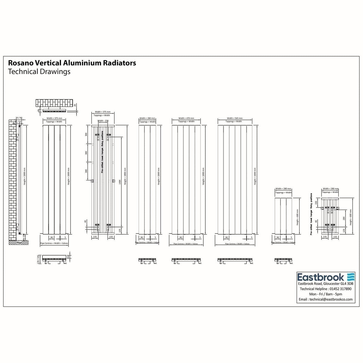 Eastbrook Panel Radiator Eastbrook Rosano Straight Vertical Aluminium Radiator in Matt Anthracite