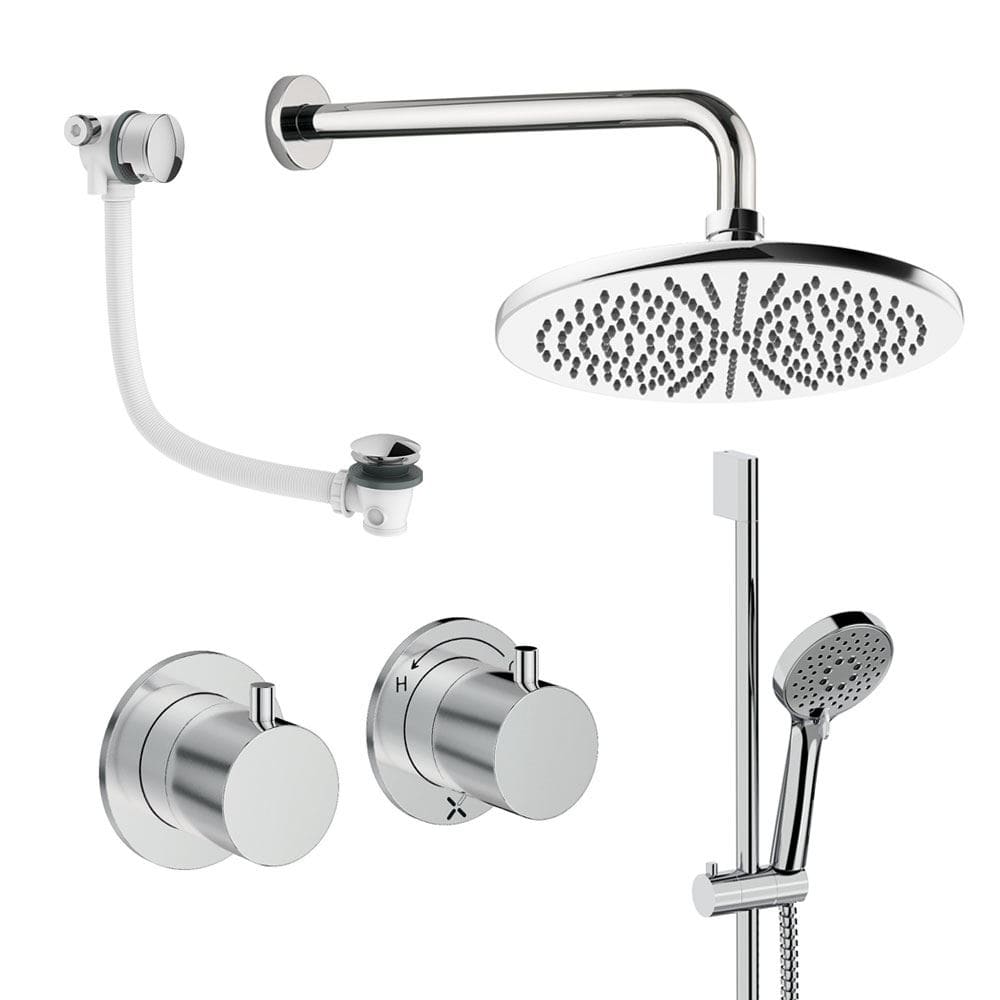UK Bathroom Store Concealed Shower Set Chrome / Wall Arm / 300mm Crosswater Module Shower Set 7 - 3 Outlet with Riser Rail Kit, Overhead Shower and Overflow Bath Filler