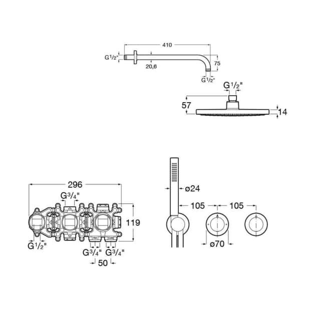 Roca Concealed Shower Set Roca T-Multi Thermostatic Concealed Shower Valve with Rainshower Head, Pencil Handset and Hose