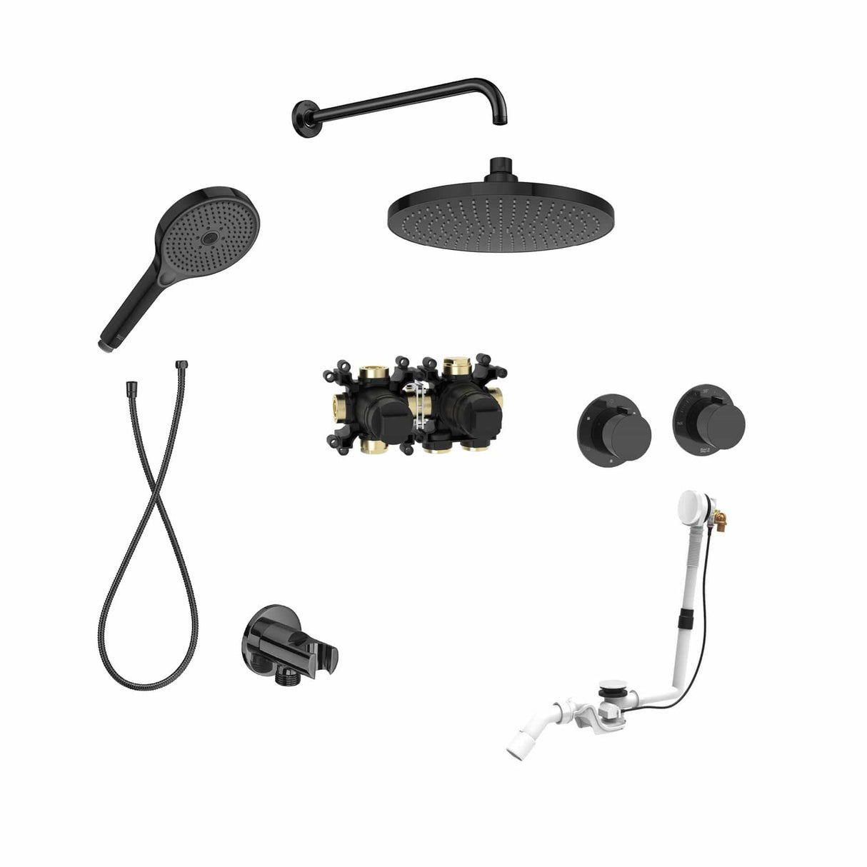 Roca Concealed Shower Set Titanium Black Roca T-Multi Thermostatic Concealed Shower Valve with Rainshower Head, Shower Handset and Overflow Bath Filler