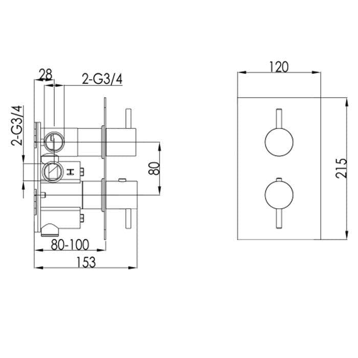 JTP Concealed Shower Valve JTP VOS 2 Outlet, 2 Handle, Concealed Thermostatic Shower Valve