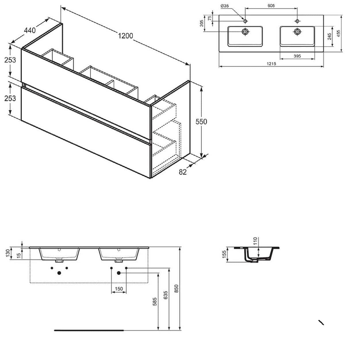 Ideal Standard Double Sink Vanity Unit Ideal Standard Eurovit+ 1200mm Wall Mounted Vanity Unit