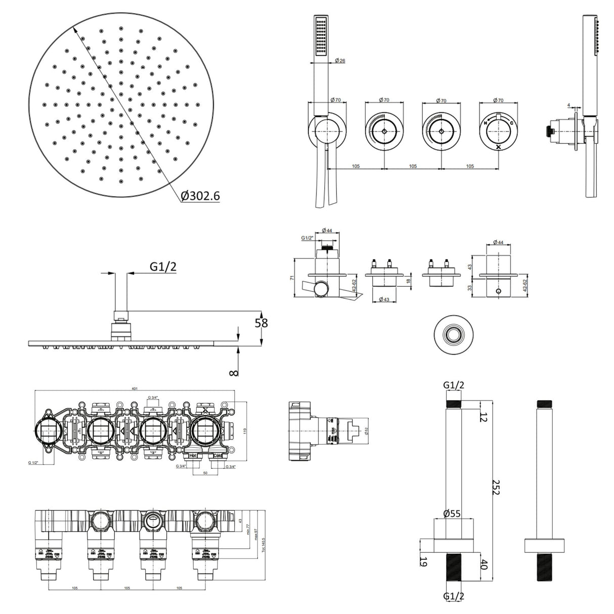 UK Bathroom Store Concealed Shower Set Crosswater Module Shower Set 8 - 2 Outlet with Pencil Handset and Overhead Shower