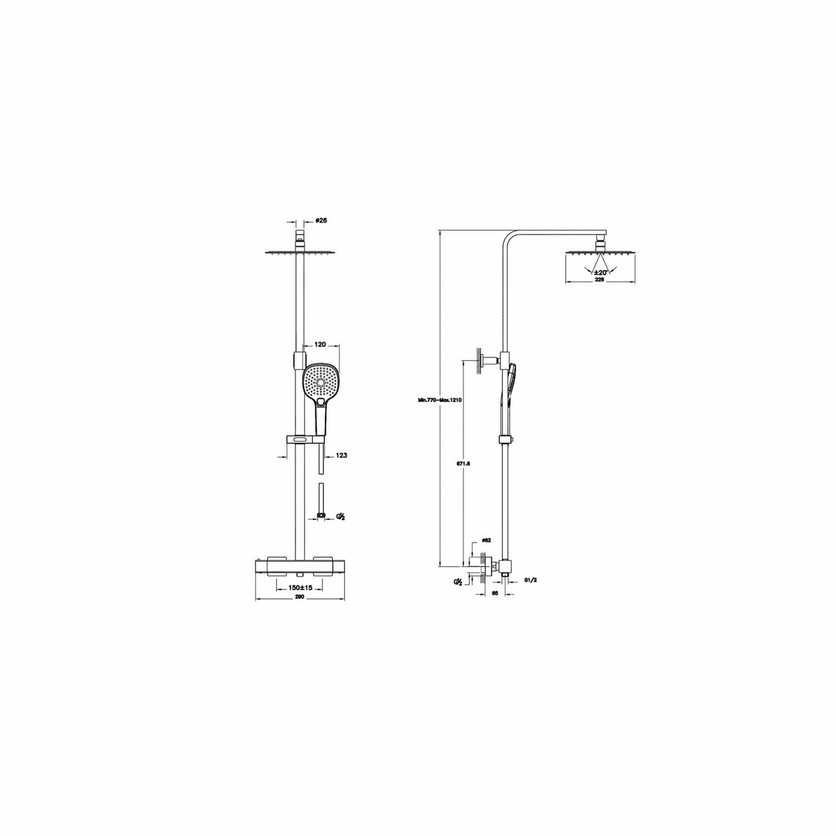 VitrA Exposed Shower Set VitrA Aquaheat Bliss Exposed Thermostatic Valve Shower Set with Adjustable Riser, 230mm Shower Head and Handset