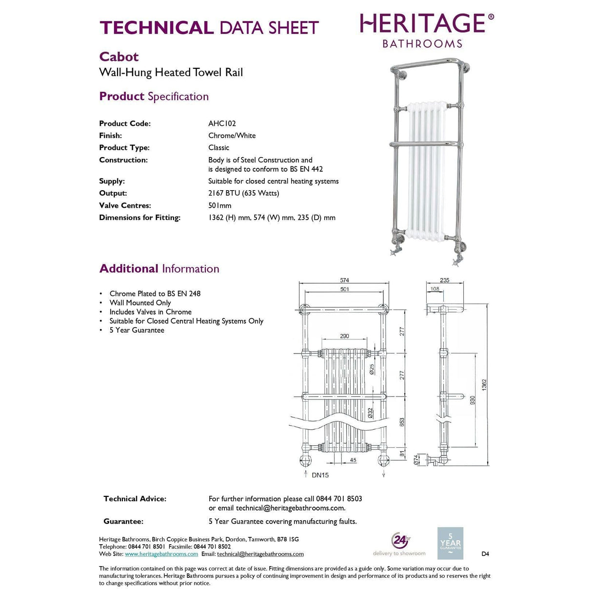 Heritage Insert Radiator Heritage Cabot Wall Mounted Traditional Radiator - 1355 x 574mm - Chrome/White