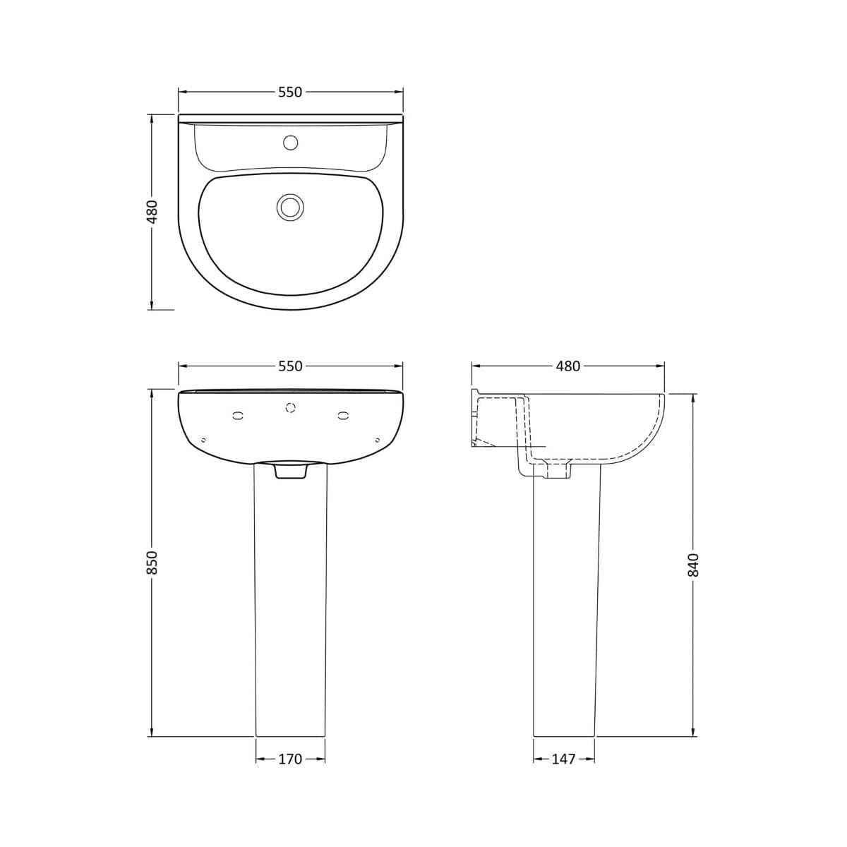 Aquarius Bathrooms Pedestal Basin Aquarius Cove/Essence 550mm 1 Tap Hole Basin with Full Pedestal
