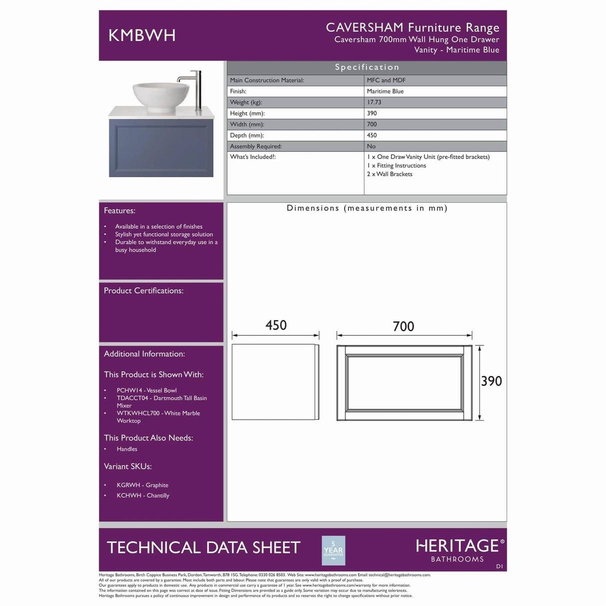 Heritage Wall Mounted Vanity Unit Heritage Caversham Wall Mounted Vanity Unit with Basin or Worktop - 700mm - One Drawer