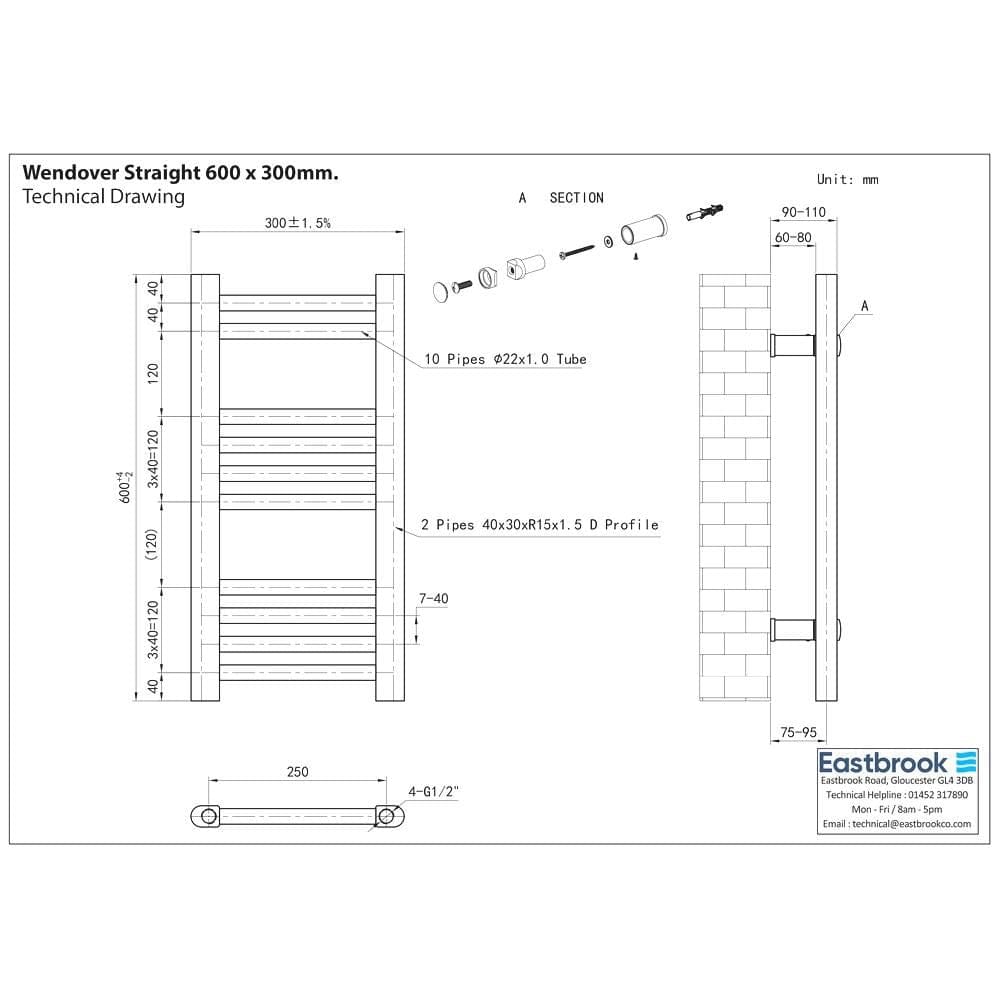 Eastbrook Ladder Rail Eastbrook Wendover Straight Vertical Heated Towel Rail in White