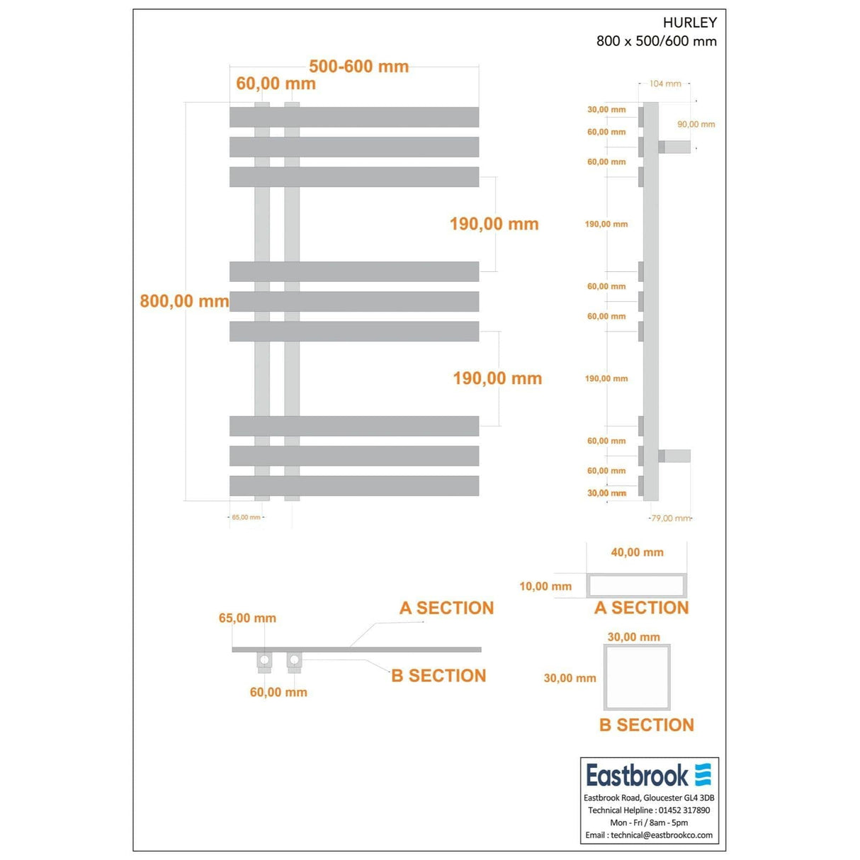 Eastbrook Ladder Rail Eastbrook Hurley Vertical Straight Heated Towel Rail - 800 x 600mm - Chrome