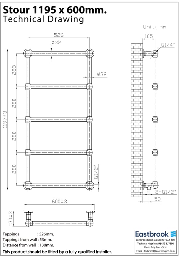 Eastbrook Traditional Towel Rail Eastbrook Stour Vertical Traditional Heated Towel Rail in Matt Black