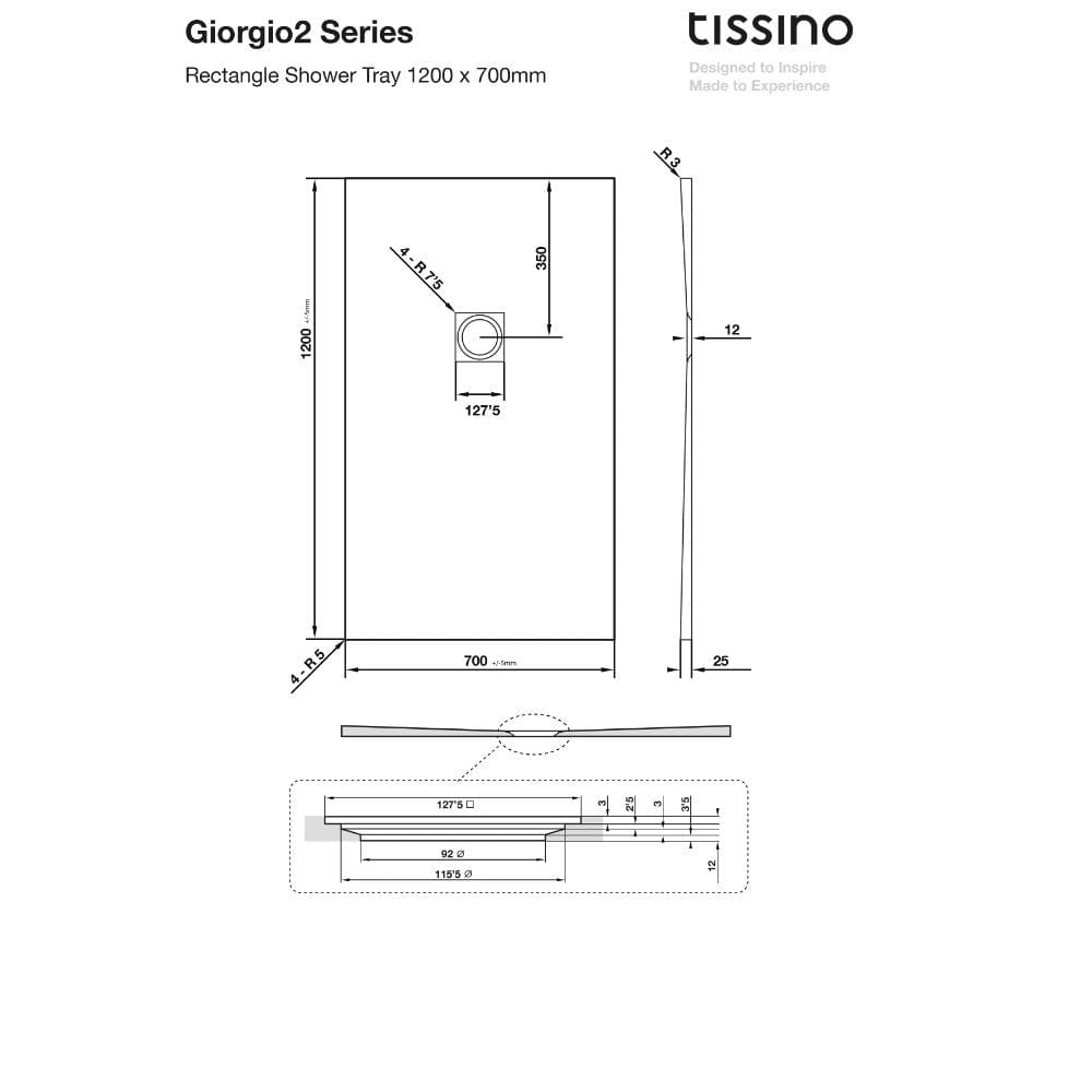 Tissino Rectangle Shower Tray 1200 x 700mm Tissino Giorgio2 Rectangle Shower Tray in Graphite Slate