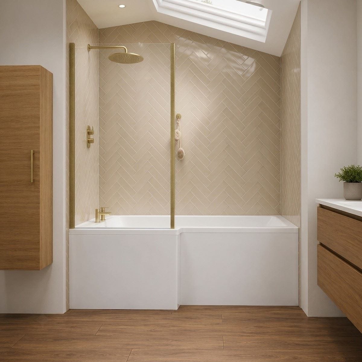 Aquarius Bathrooms L-Shaped Shower Bath Brushed Brass / 1700 x 850mm / Left Aquarius Urbano L-Shape Square Shower Bath Pack with Screen and Panel