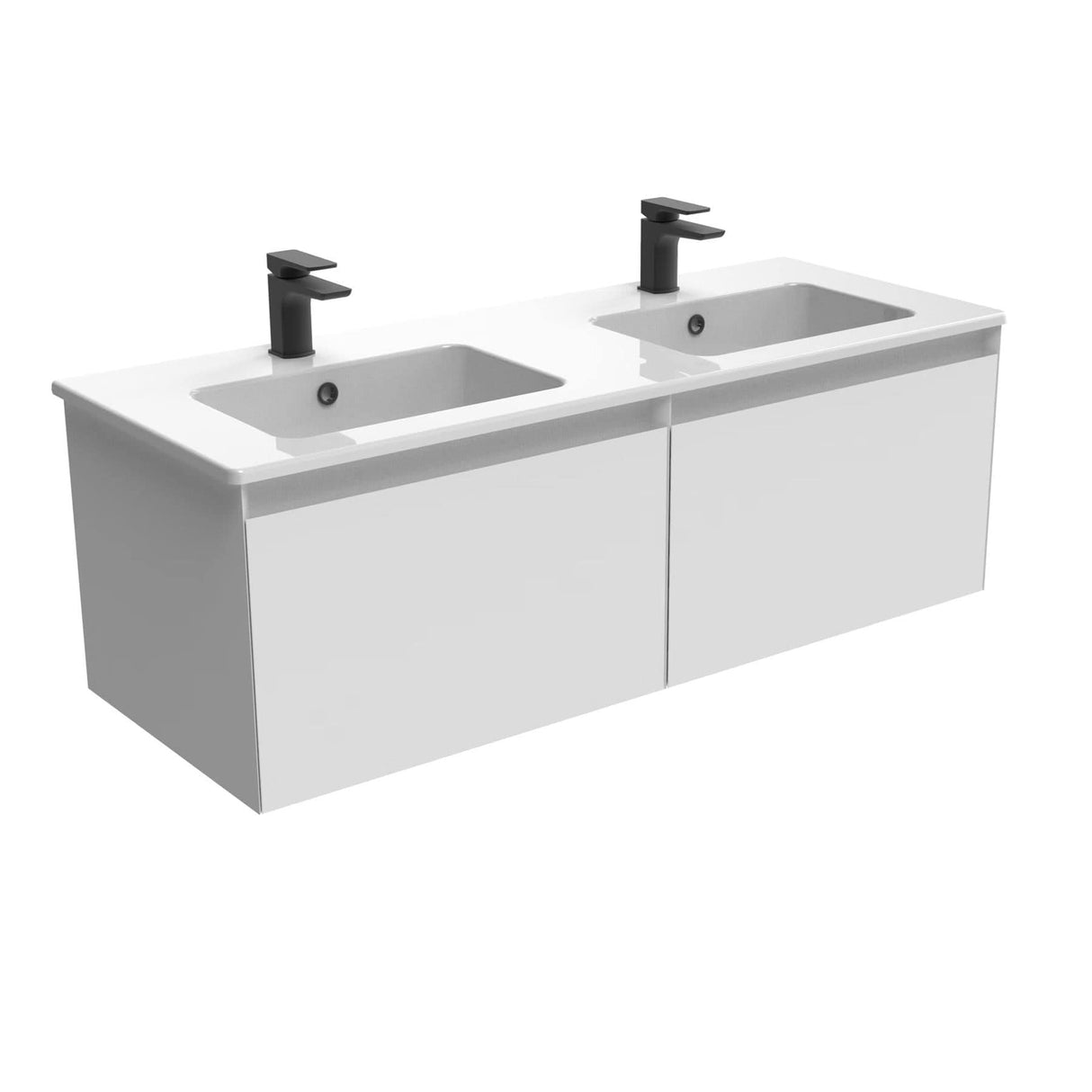 Saneux Wall Mounted Vanity Unit Matte White / 3 Hole Saneux Uni Vanity Unit With Double Basin - 1200 x 470mm - Two Drawer - Wall Mounted
