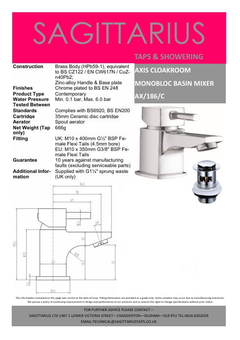 Sagittarius Cloakroom Tap Sagittarius Axis Cloakroom Monobloc Basin Mixer Tap - Chrome - AX186C