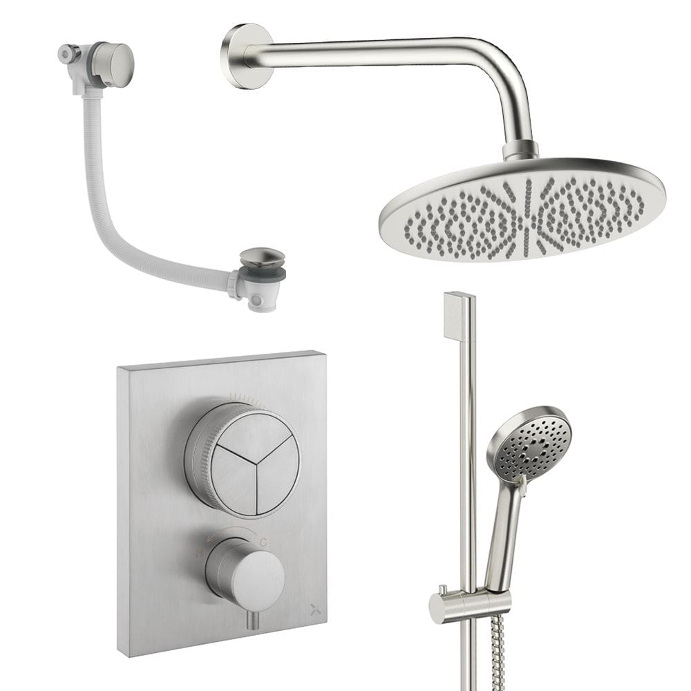 UK Bathroom Store Concealed Shower Set Brushed Nickel / Wall Arm / 300mm Crosswater Crossbox Push Shower Set 8 - 3 Outlet with Fixed Overhead Shower, Slide Rail Kit and Overflow Bath Filler Waste