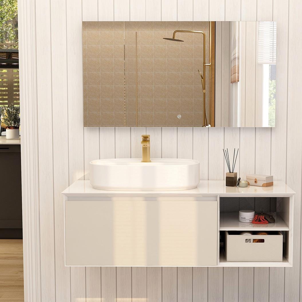 Imex Wall Mounted Vanity Unit Cashmere Imex Essence Wall Mounted 1200mm Single Drawer Vanity Unit with Worktop and 1 Tap Hole Basin