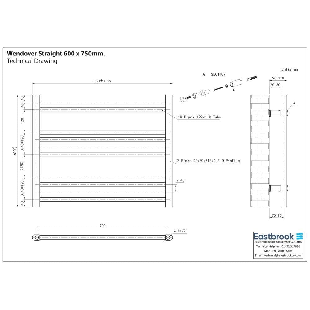 Eastbrook Ladder Rail Eastbrook Wendover Straight Horizontal Under Window Heated Towel Rail in White