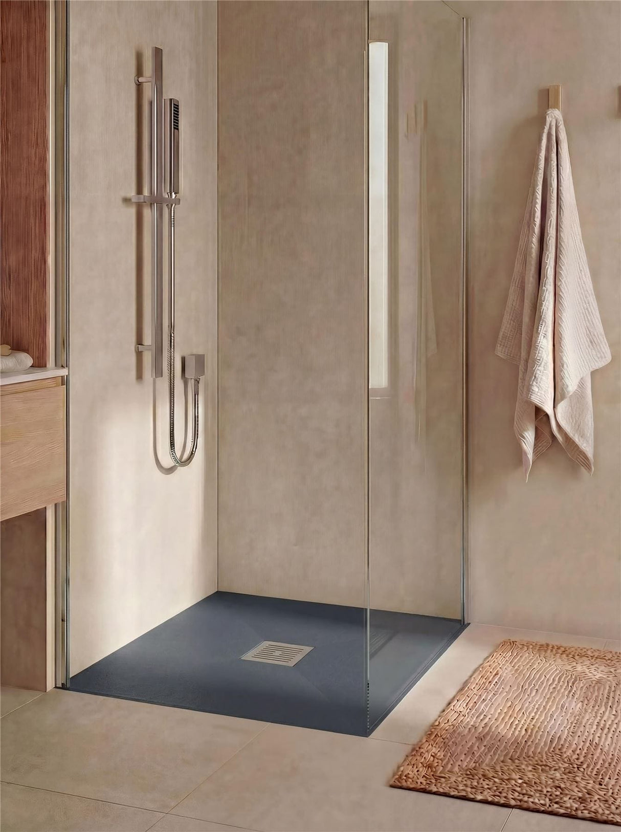 UK Bathroom Store Square Shower Tray Aquarius Urbano Slimline 33mm Slate Effect Square Stone Resin Shower Tray in Grey Slate