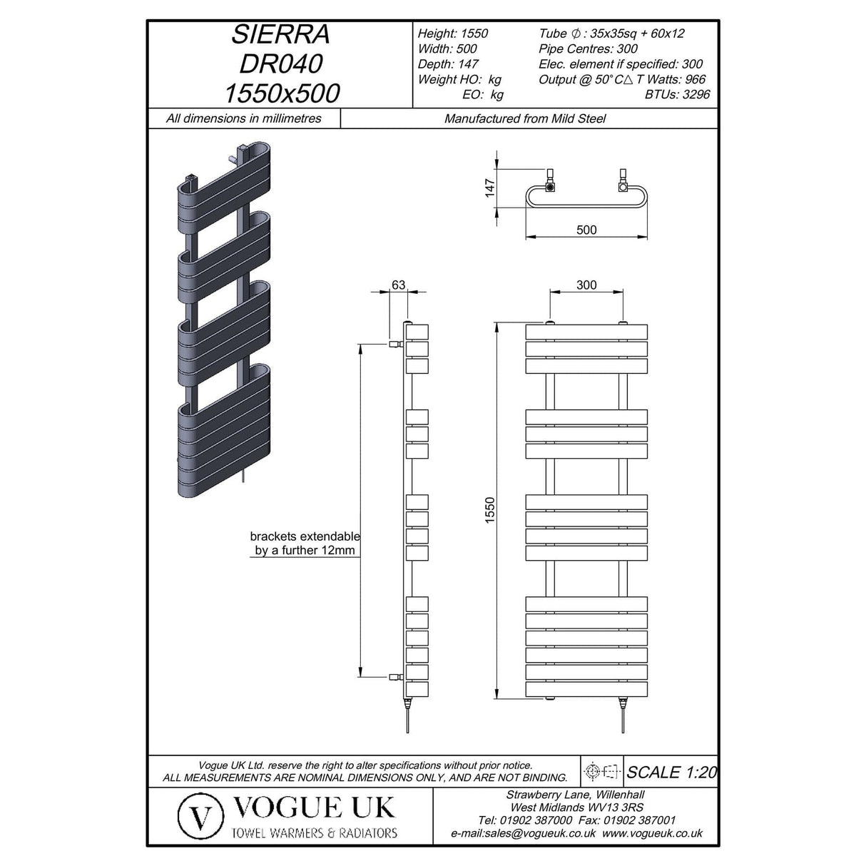 Vogue Designer Towel Radiator 1550 x 500 / Dual Fuel Vogue Sierra Designer Towel Rail in Anthracite