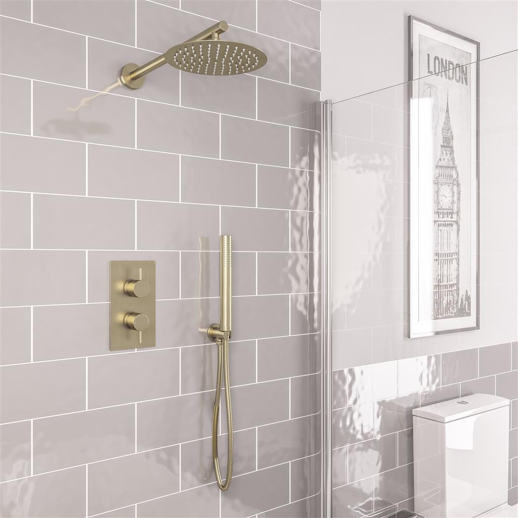 Aquarius Concealed Shower Set Brushed Brass Aquarius Modern Round Shower Bundle