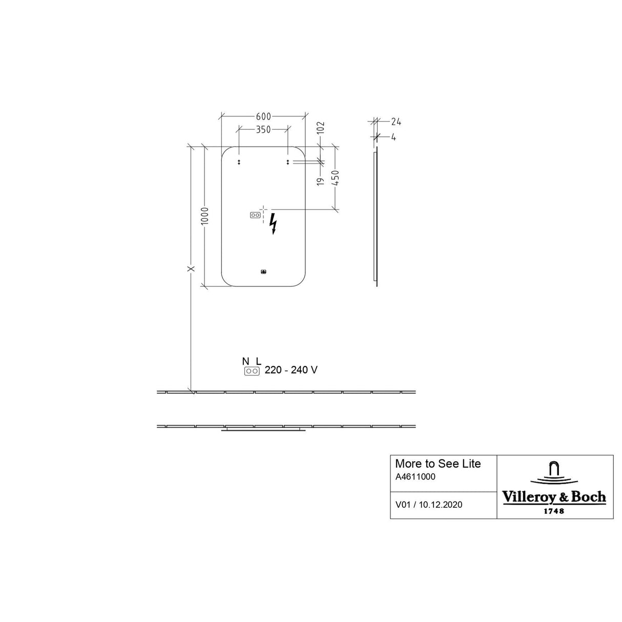 Villeroy & Boch More to See Lite LED Illuminated Curved Rectangular Mirror