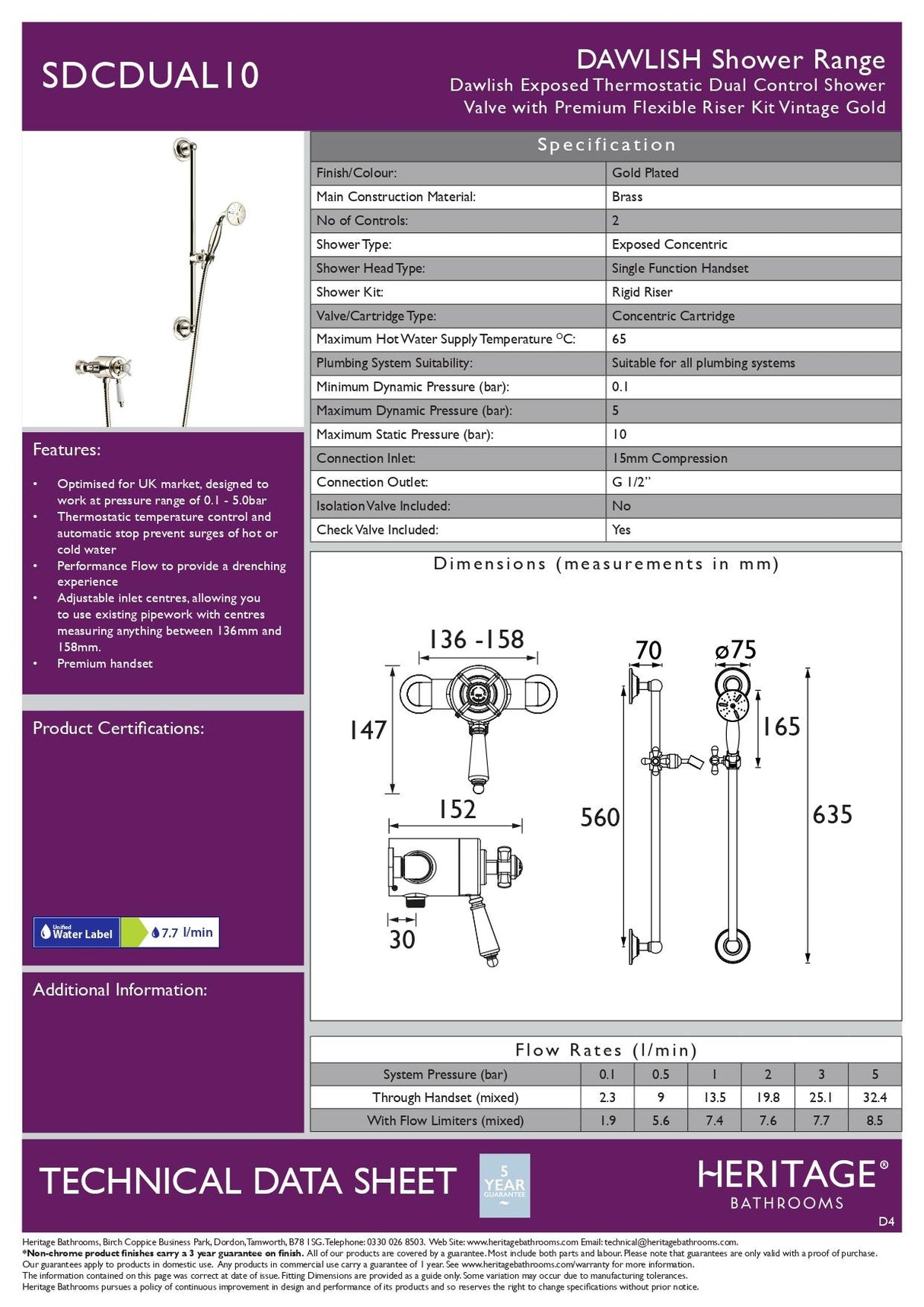 Heritage Dawlish Exposed Shower Valve with Premium Flexible Riser Kit