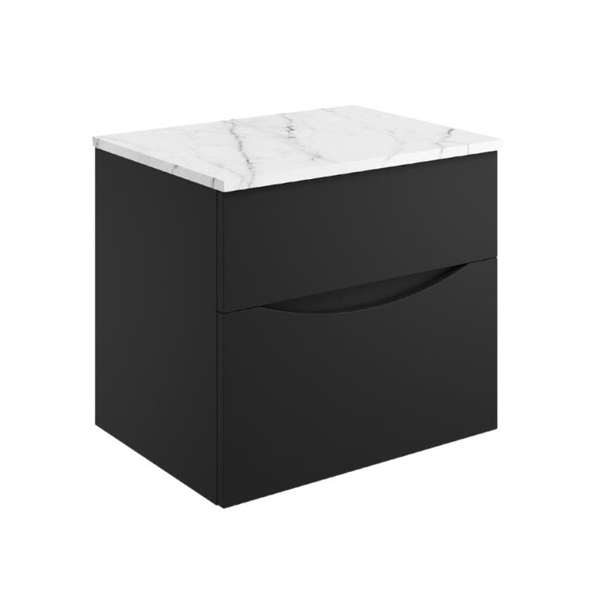 Crosswater Wall Mounted Vanity Unit Matt Black / Carrara Marble Effect / 600mm Crosswater Glide II 2 Drawer Vanity Unit with Worktop