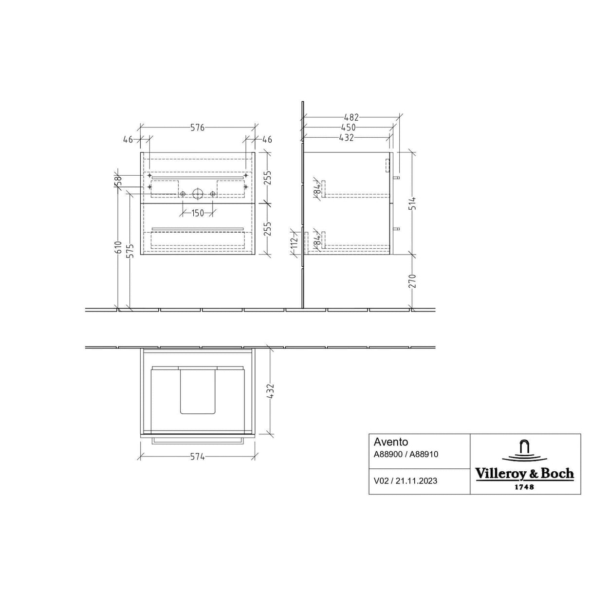 Villeroy & Boch Wall Mounted Vanity Unit Villeroy & Boch Avento Wall Hung Vanity Unit 580mm Two Drawers with Basin
