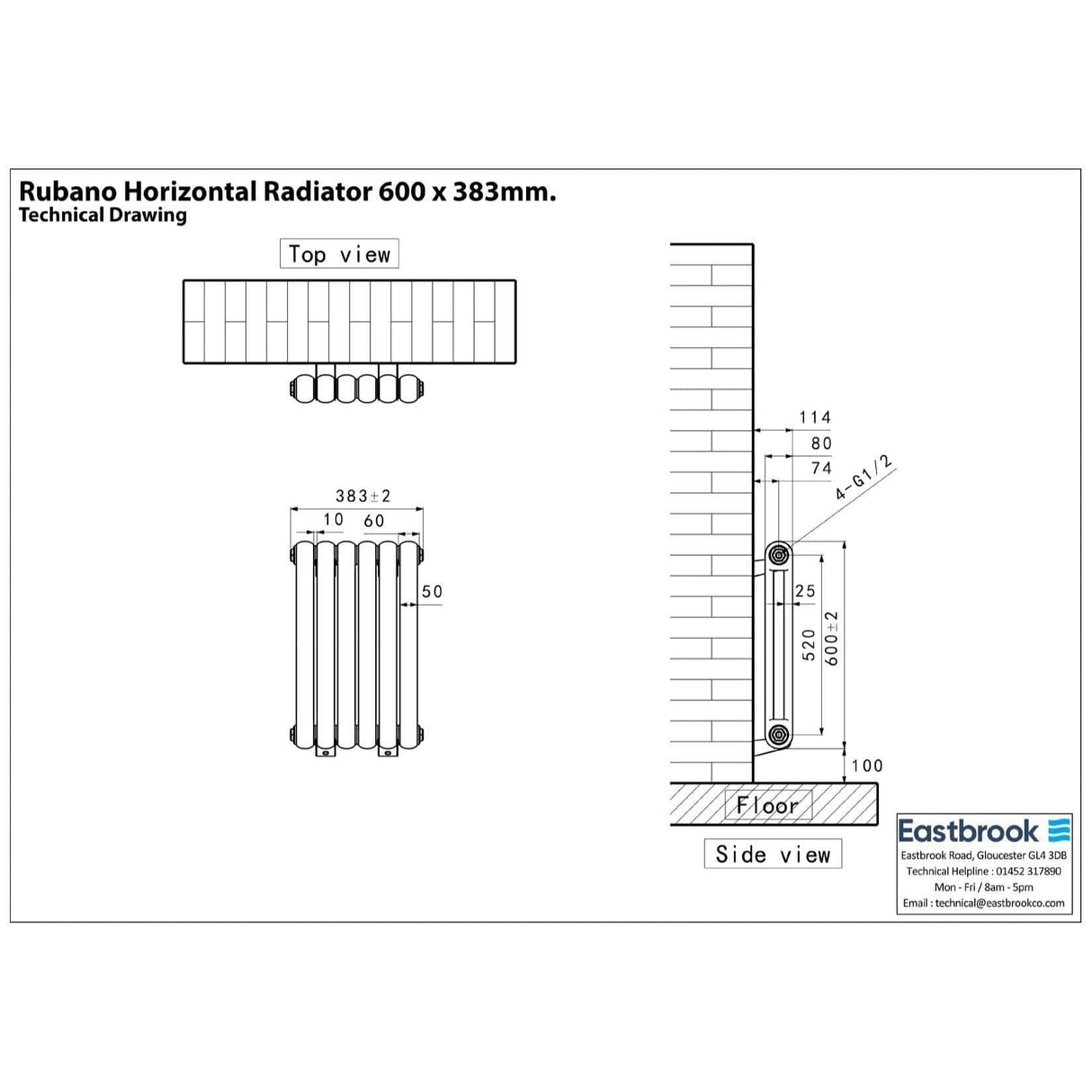 Eastbrook Column Radiator Eastbrook Rubano Straight Horizontal Traditional Column Radiator in Gloss White