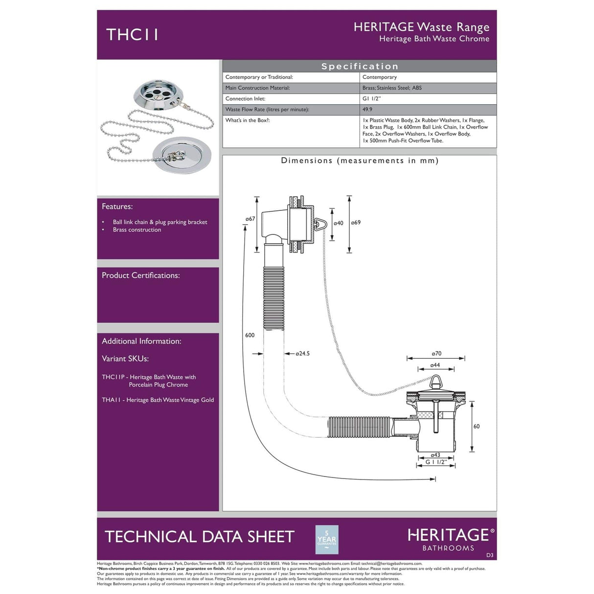 Heritage Bath Waste Heritage Bath Waste with Stowaway Plug and Chain