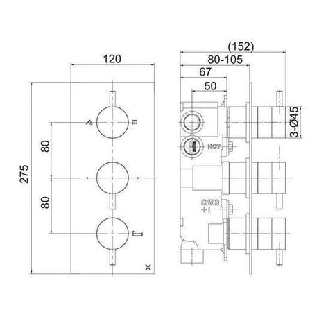 Crosswater Concealed Shower Valve Crosswater MPRO 3 Outlet, 3 Handle Concealed Thermostatic Shower Valve